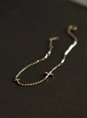 S925纯银镀14K金mini十字架手链女纤细简约百搭小众设计精致手饰