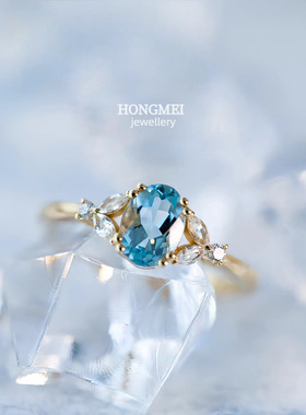 S925纯银镀18K金海蓝宝石钻戒指女小众开口设计轻奢高级百搭手饰