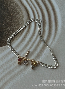 引斯/ 小众设计美国14k注金琳琅吊坠蕾丝s925银手链简约叠戴