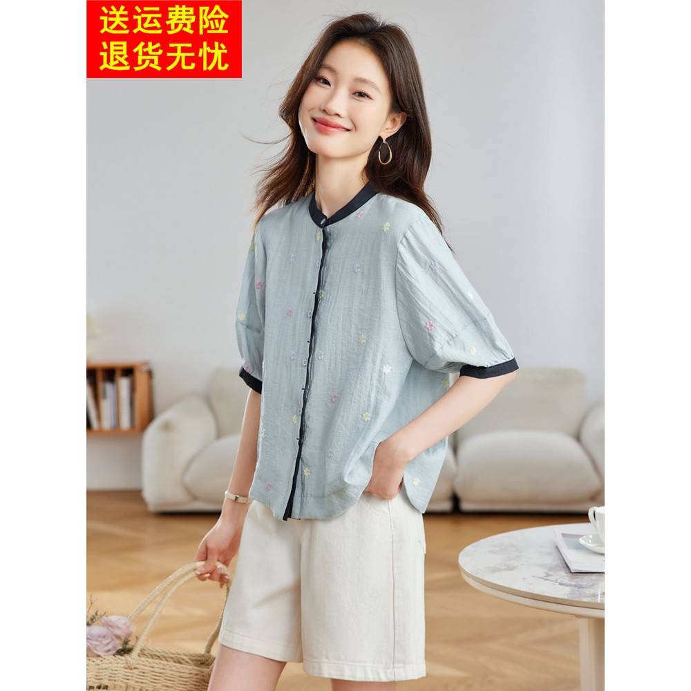 时尚休闲短袖衬衫女夏季宽松显瘦设计感小众刺绣上衣纯棉衬衣