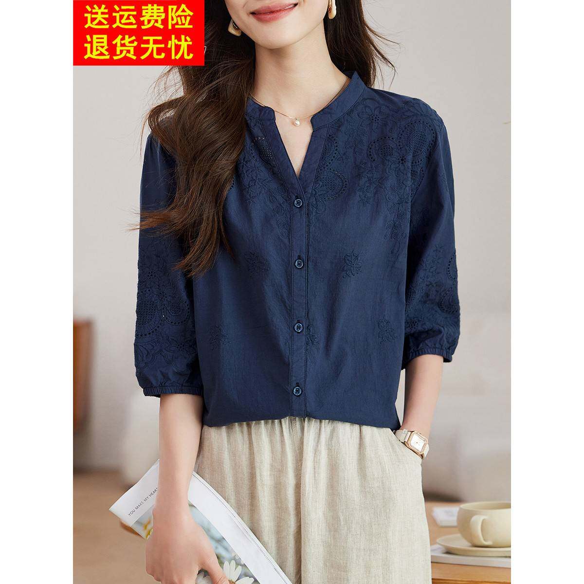 2025新款夏季纯棉半袖衬衫上衣女中年妈妈文艺国风气质超好看小衫