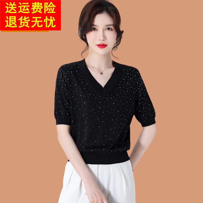 真丝短袖t恤女夏装2026新款高级感轻奢烫钻妈妈v领上衣冰丝针织衫
