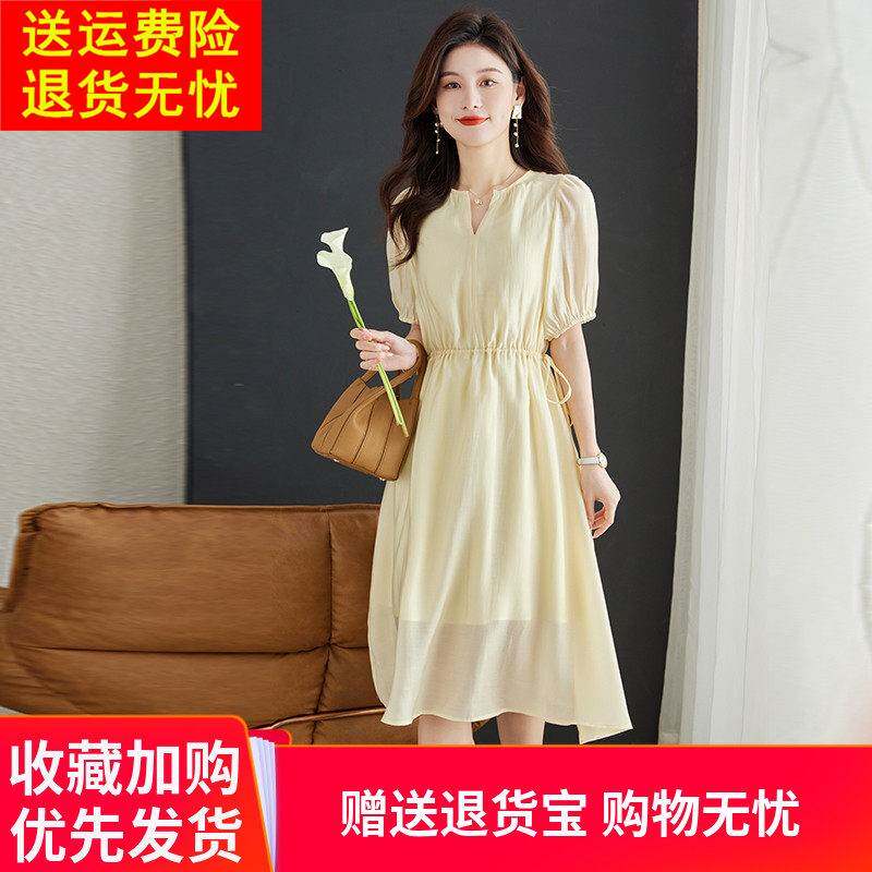 高端气质天丝短袖连衣裙女夏新款V领中长款抽绳宽松显瘦纯色裙子