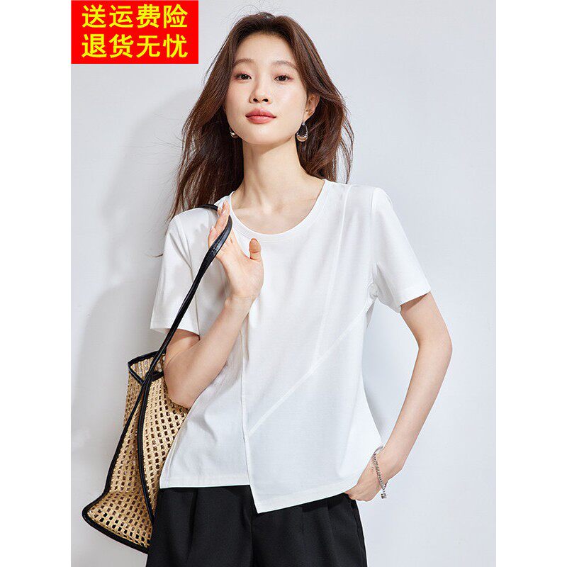 白色t恤女式短款不对称真丝衬衫短袖女式上衣2025夏季单薄款式可