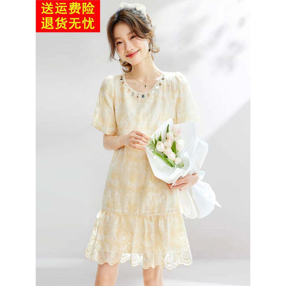 2025夏季新款高端提花短袖连衣裙,法式小美女减龄优雅长裙