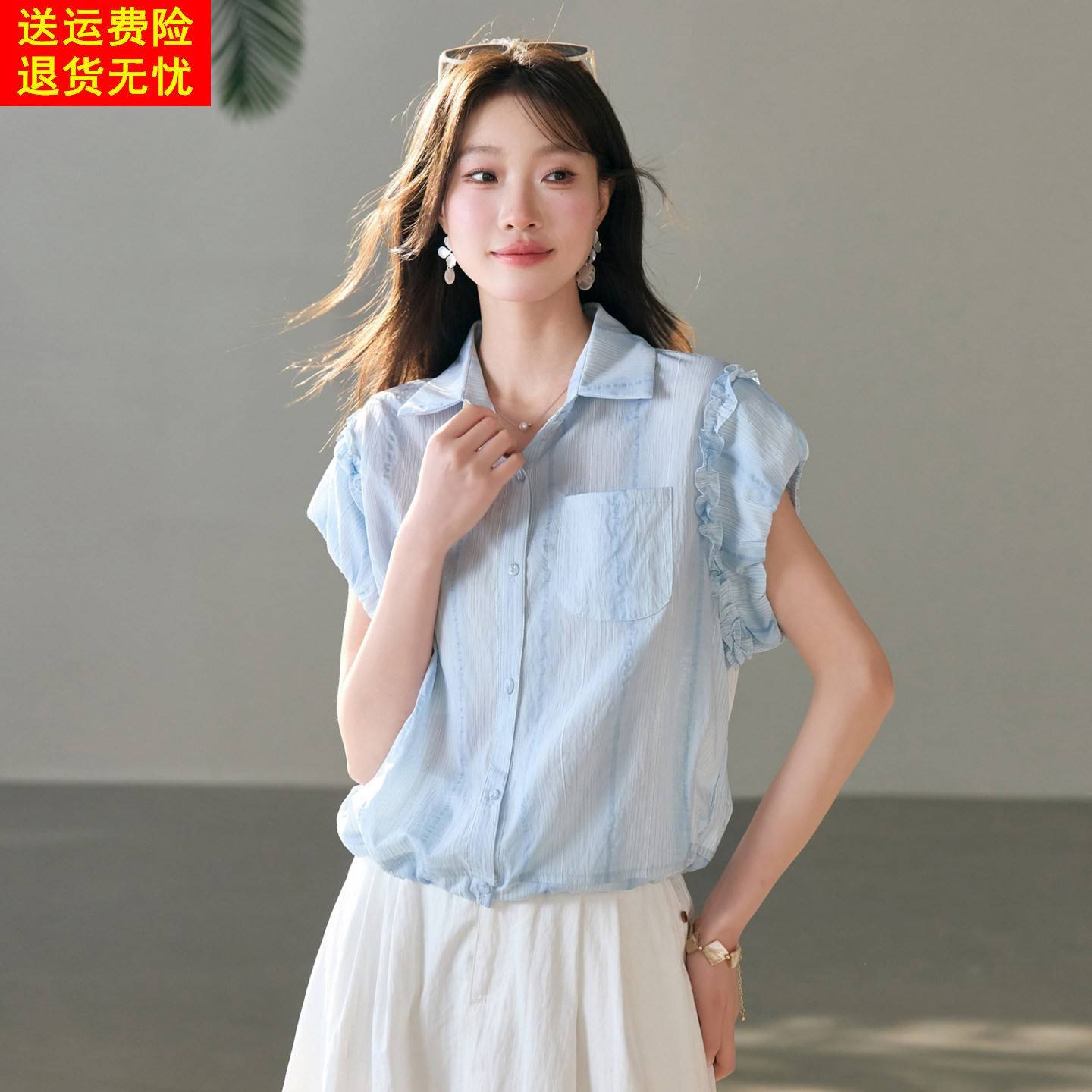休闲风小翻领泡泡袖衬衫女夏季纽扣亲肤透气减龄通勤上衣抽绳小衫