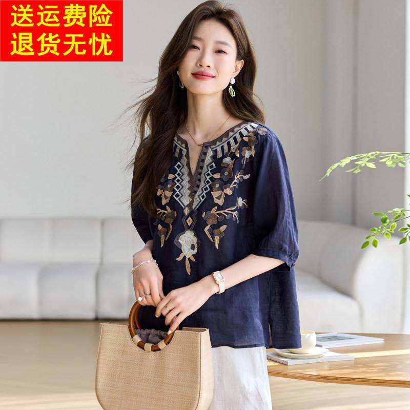苎麻上衣夏季薄款高级感刺绣五分袖宽松韩版衬衣民族风外搭空调衫
