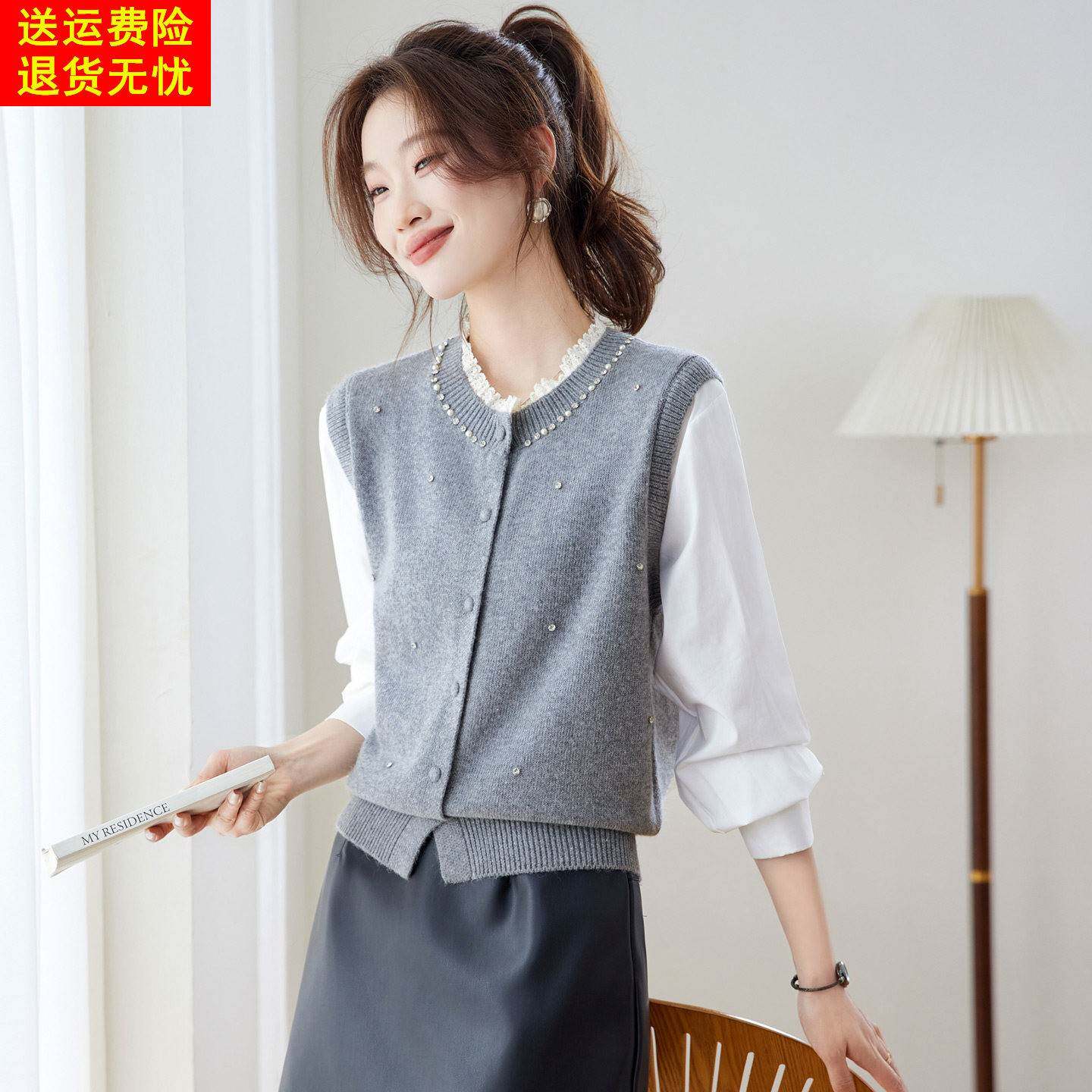 假两件针织拼接长袖衬衫女2026新款春季蕾丝圆领叠穿洋气显瘦上衣