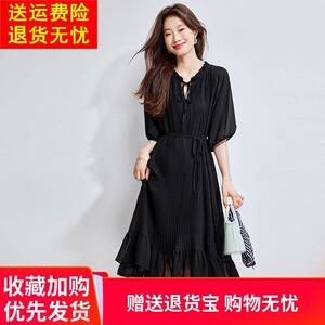 高端气质优雅中袖连衣裙女夏季新款百搭小个子时尚风显瘦纯色裙子