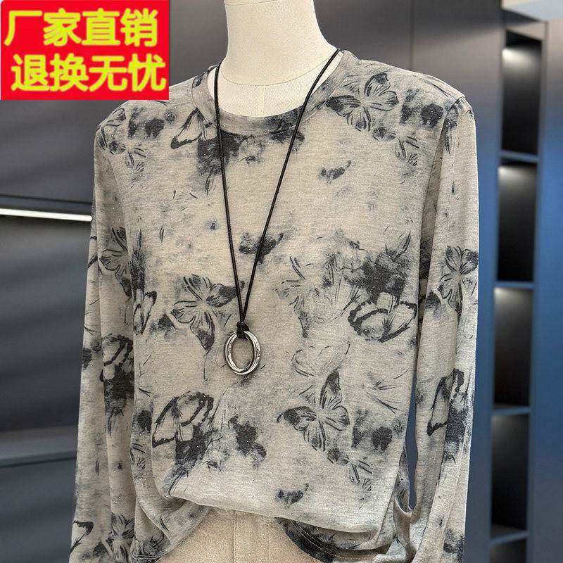 覆古时尚印花针织衫女妈妈2025春装新款上衣气质年轻中年人打底衫