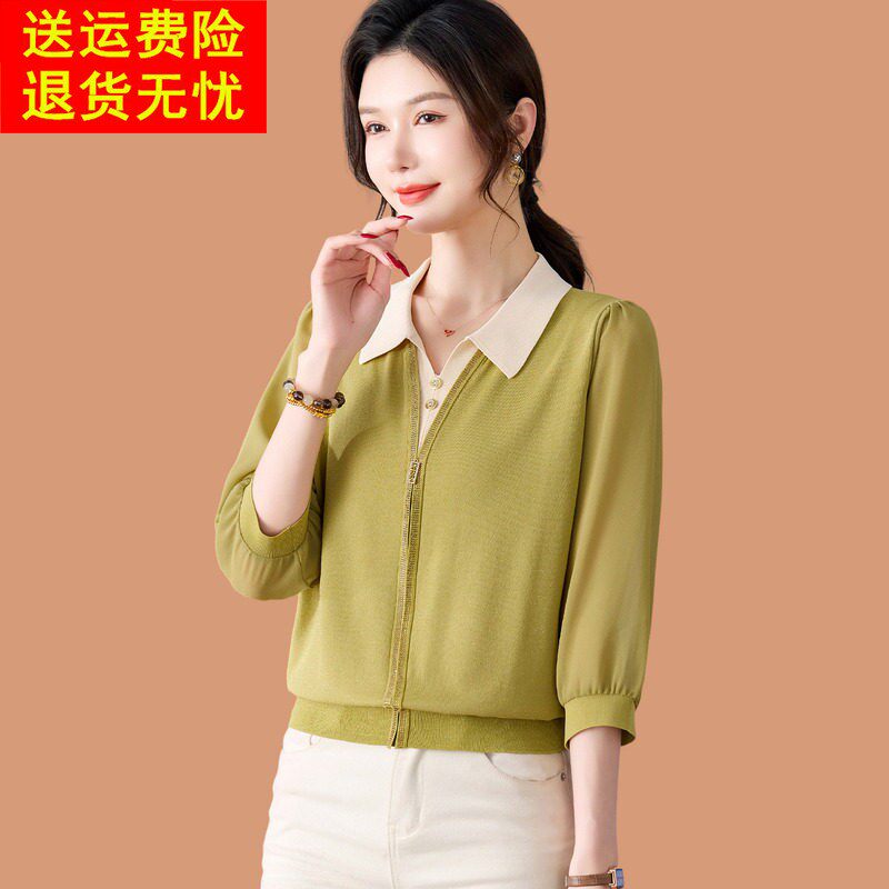 冰丝短袖t恤女2026新款年轻妈妈夏装薄款翻领蕾丝针织衫雪纺上衣
