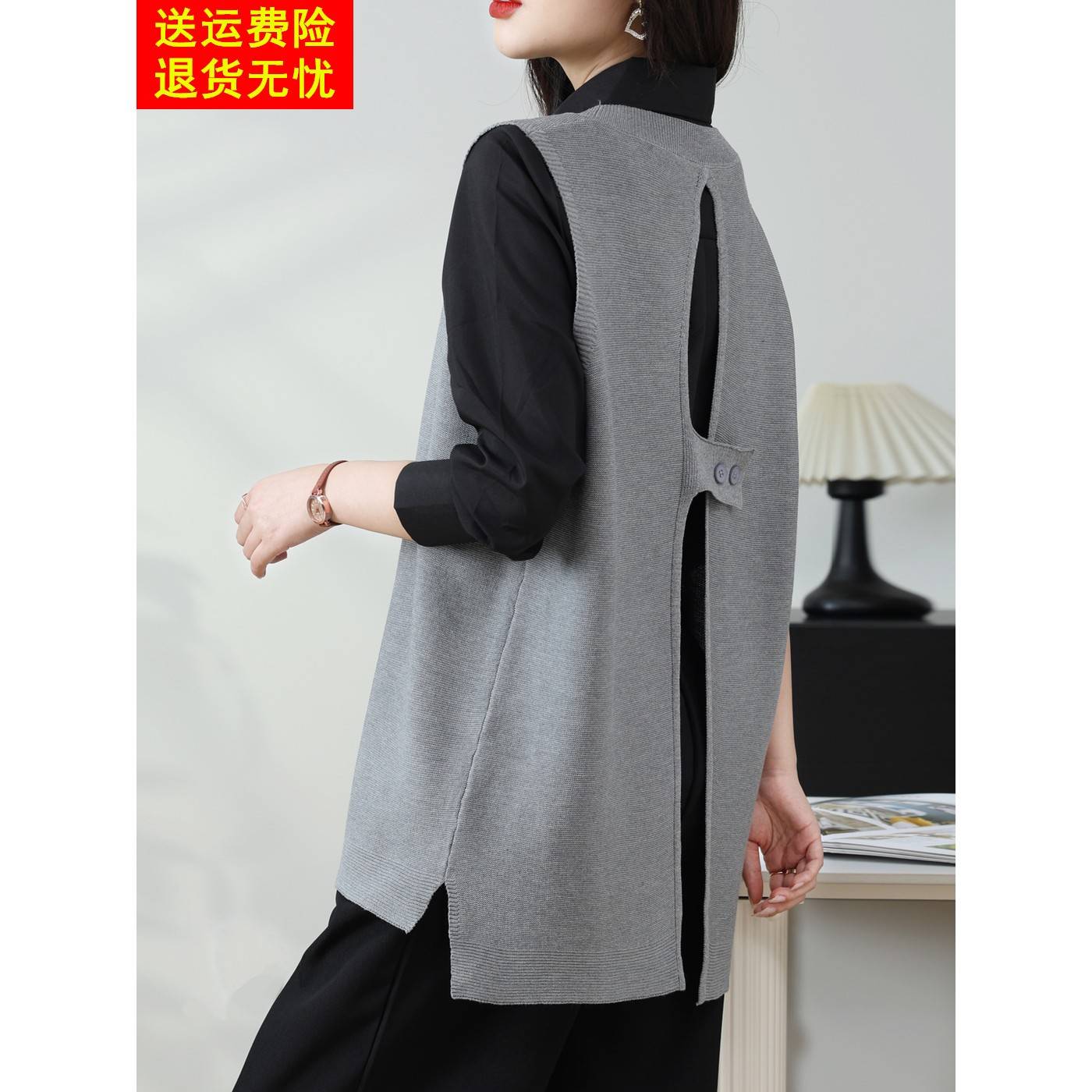 中长款圆领宽松大码针织衫马夹女2025秋季妈妈不规则马甲背心毛衣