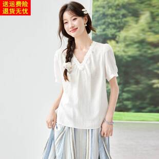 短袖t恤女2026夏季新款别致很仙的上衣时尚洋气减龄超好看v领衬衫