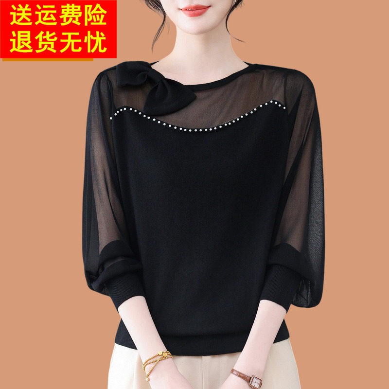 桑蚕丝针织衫女款2026今年高级漂亮打底衫时髦洋气蝴蝶结纱袖上衣