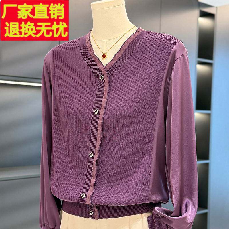 时尚休闲雪纺拼接针织衫女妈妈装春装新款减龄气质中年妇女打底衫
