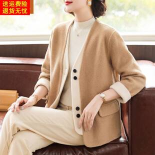 年轻妈妈洋派短款外套中年女装春秋装开衫褂子中老年时尚毛呢上衣