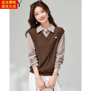 2026春装新款短款小个子翻领假两件衬衫休闲洋气格子拼接上衣女装