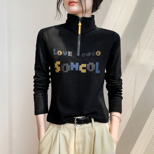 拉链半开立领卫衣长袖女秋冬新款德绒保暖内搭打底衫印花外穿上衣