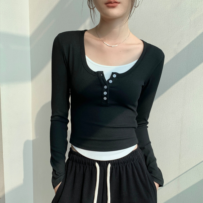 假两件修身纽扣设计感长袖T恤女