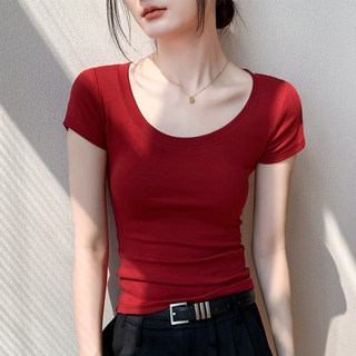 低领T恤女2025春季新款收腰紧身正肩纯色上衣红色内搭短袖打底衫