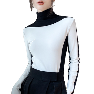 歌倍尚高领撞色磨毛长袖打底衫女秋冬新品设计感加绒修身T恤上衣