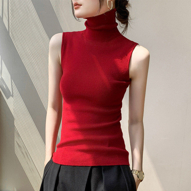 红色高领针织衫内搭打底衫女2026春季新款气质百搭无袖高级上衣女