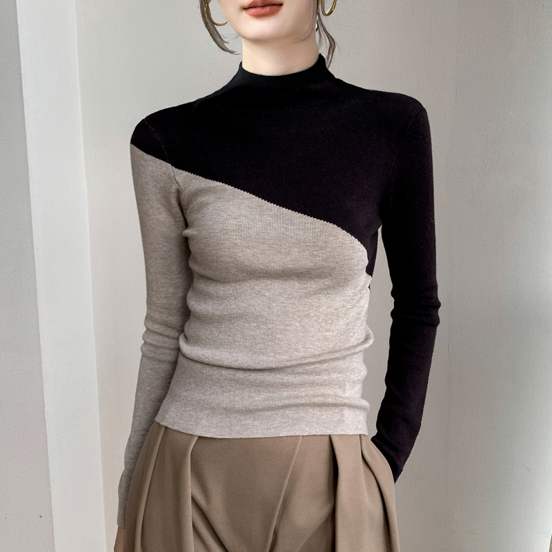 歌倍尚羊毛半高领撞色拼接针织衫