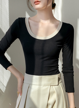 拼色圆领正肩长袖T恤女2025秋季新款修身显瘦内搭ins打底衫上衣女