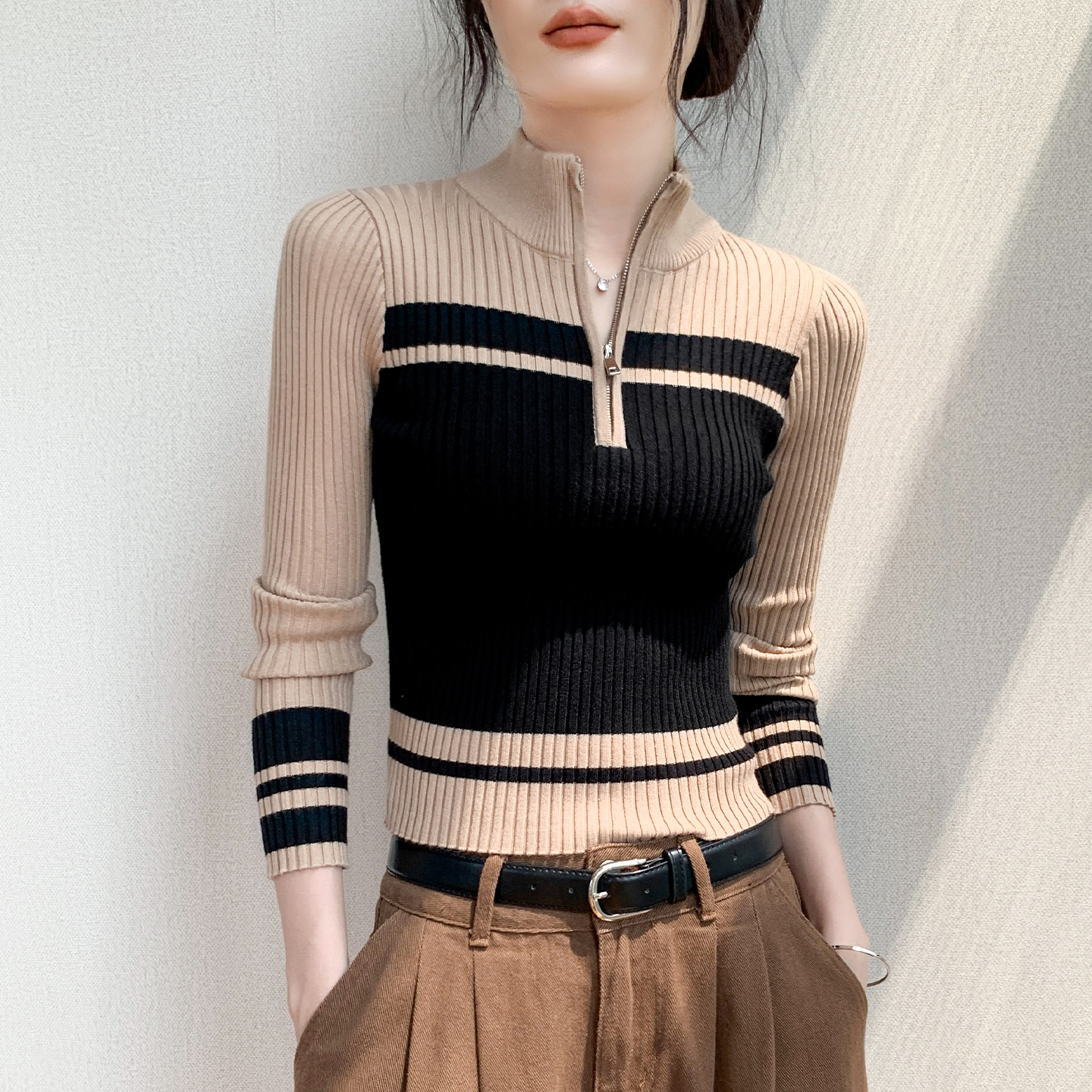 拉链半开领拼色设计感长袖针织衫