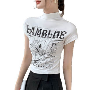 中高领短袖T恤女2025秋季新品美式复古修身设计感印花内搭打底衫