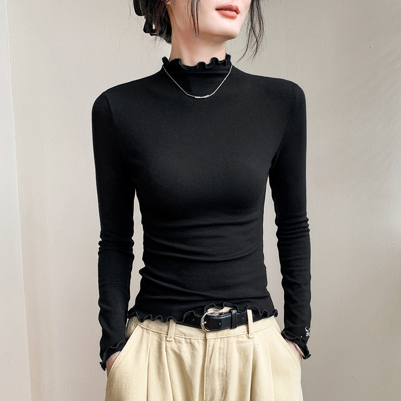 荷叶边白色上衣半高领长袖T恤女