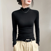 荷叶边半高领长袖 T恤女秋季 新款 法式 正肩内搭打底衫 高级白色上衣