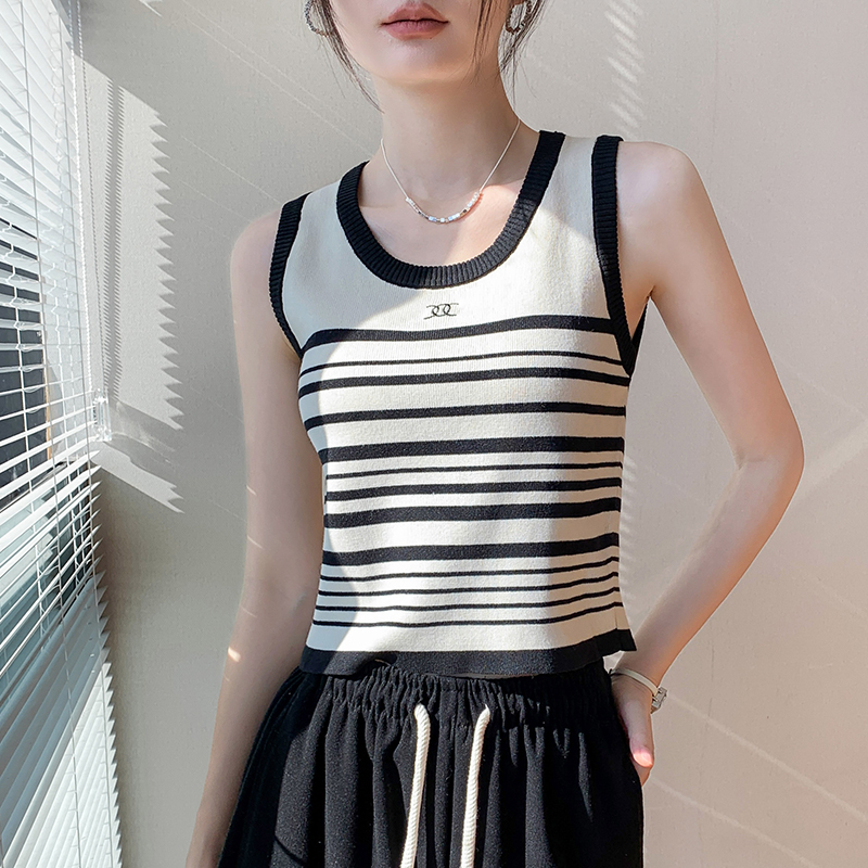 法式小香风修身条纹吊带背心女