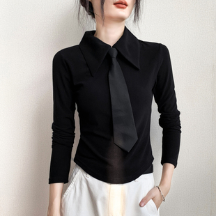 黑色保暖内搭德绒打底衫女新款2025冬季修身飘带高级漂亮长袖上衣