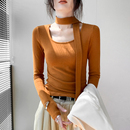 飘带方领长袖T恤女2025春季新款南瓜橘洋气修身内搭套手指打底衫
