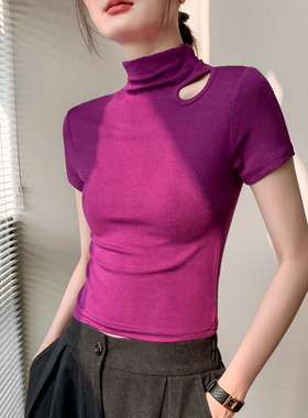 半高领短袖t恤女2025春季修身显瘦紫色设计感正肩内搭打底衫上衣