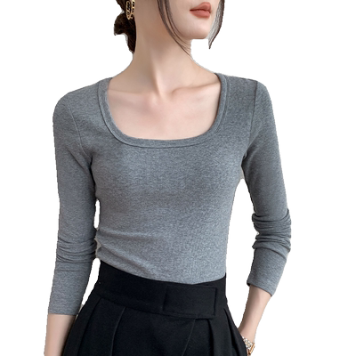 纯色简约方领正肩长袖t恤女