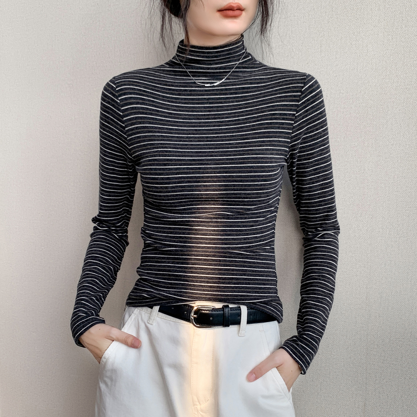 条纹半高领长袖T恤女秋打底衫