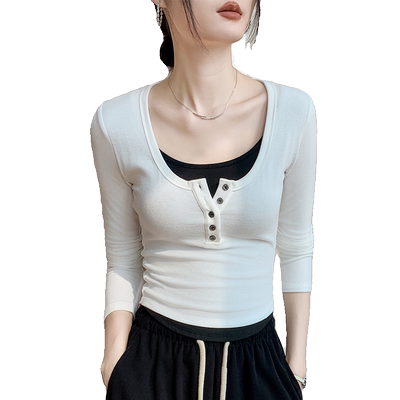 假两件圆领2024春季长袖T恤女