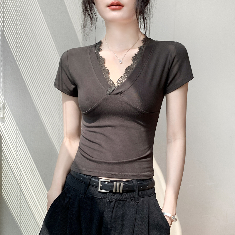歌倍尚蕾丝花边拼接V领短袖T恤女