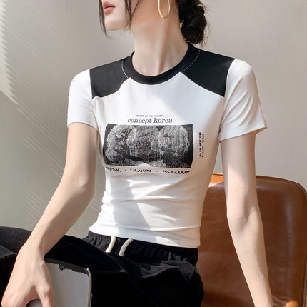 欧货拼色圆领短袖T恤女2024春季新款正肩设计感小众洋气修身上衣