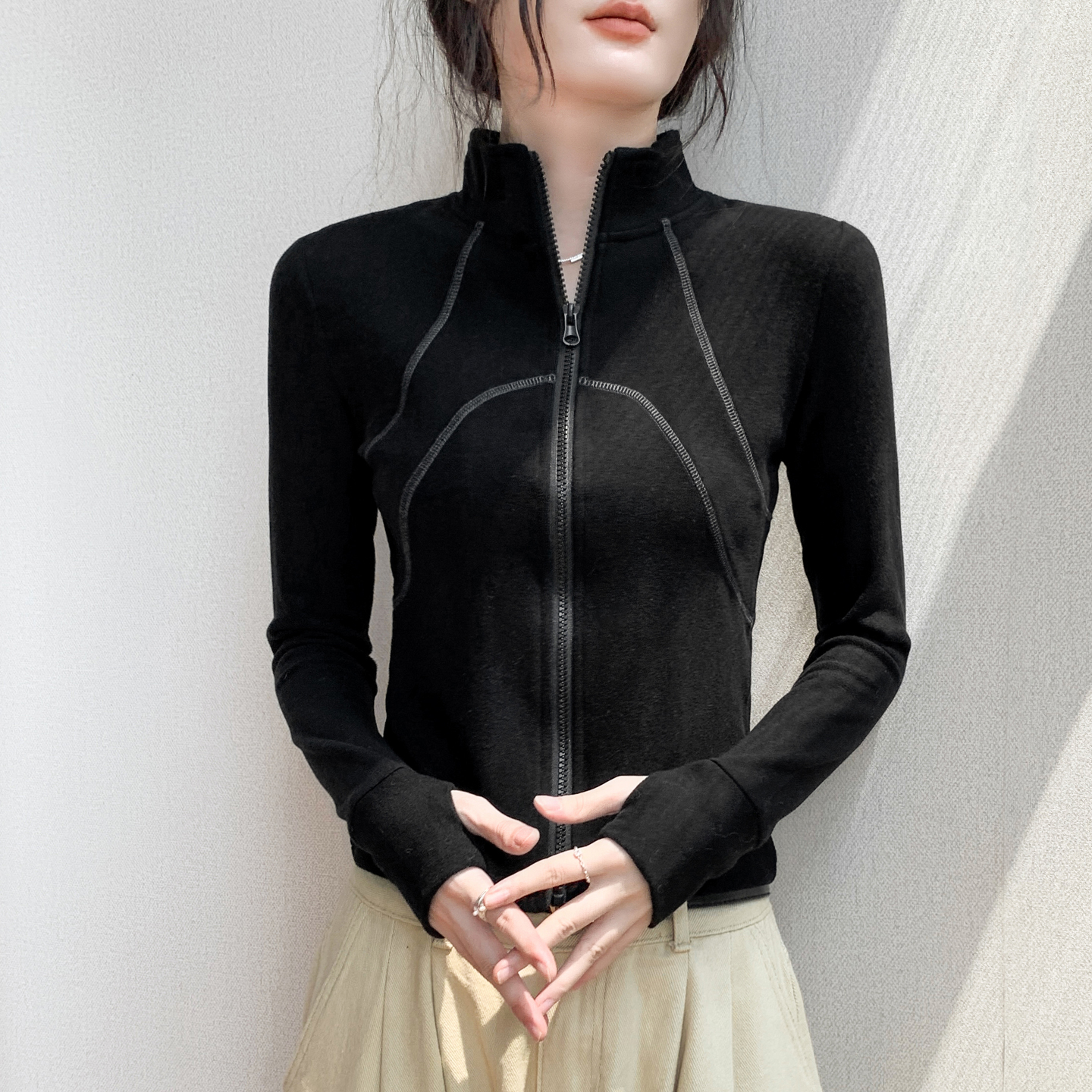 歌倍尚立领拉链开衫指套长袖T恤