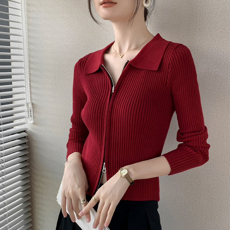 歌倍尚针织拉链翻领针织开衫毛衣