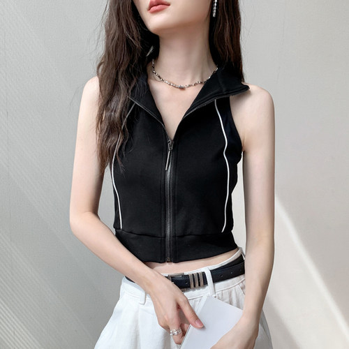 纯棉翻领修身拉链款无袖背心女