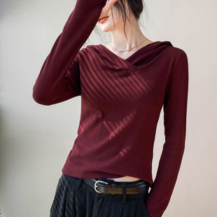 歌倍尚连帽交叉领卫衣长袖女秋冬季新款内磨毛指套上衣内搭打底衫