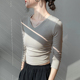 T恤女2024春季 内搭打底衫 新款 显瘦西装 上衣 遮肚子修身 纯色V领长袖