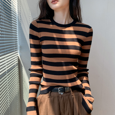 条纹长袖针织衫女歌倍尚圆领