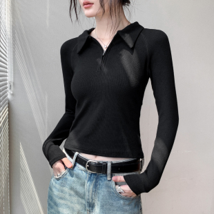 拉链半开小翻领长袖 时尚 T恤女秋季 洋气修身 纯色百搭上衣 新款 法式