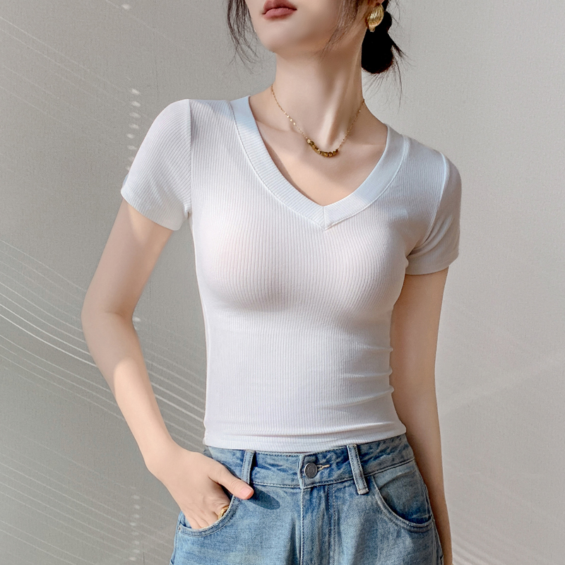 V领纯色百搭修身短袖T恤女