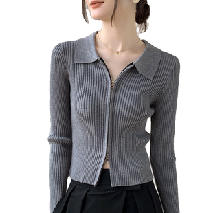 POLO领针织开衫女早秋新款长袖修身显瘦翻领上衣拉链毛衣短外套女